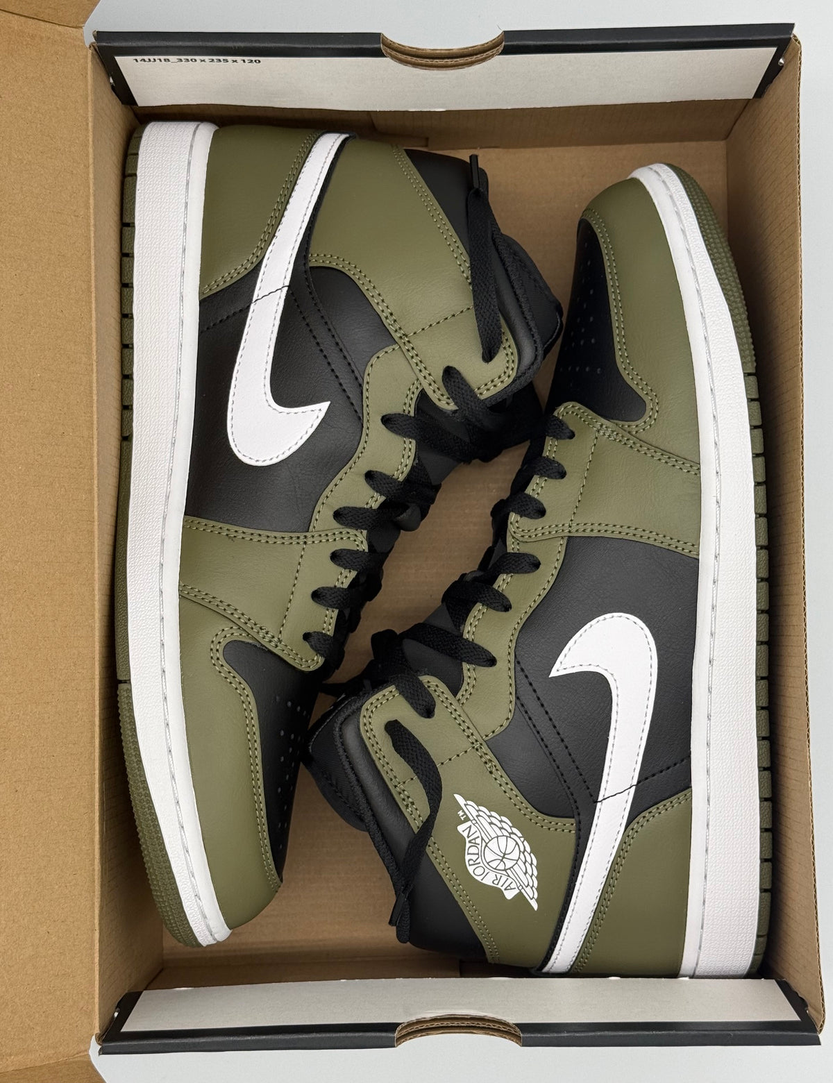 Air Jordan 1 Mid, DQ8426 092, Black/White-Medium Olive-Sail - Size US11
